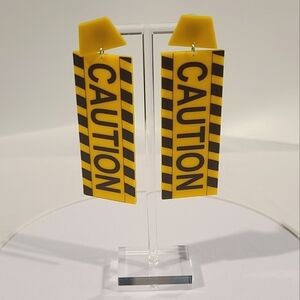 Caution Sign Dangle Post Novelty Earrings